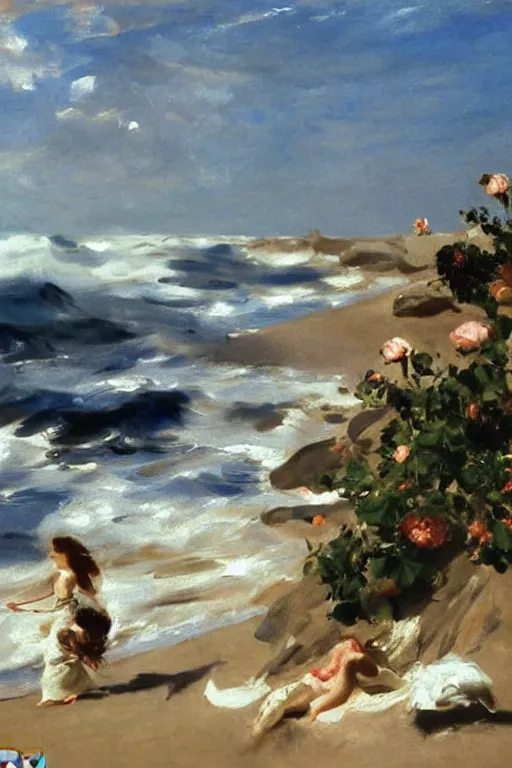 Image similar to the sun shining in the background, beach, spray of roses on the sea surface, a palm, painting by john singer sargent