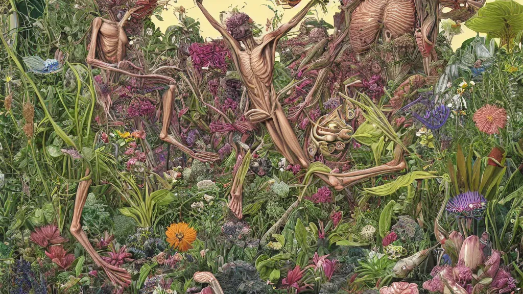 Prompt: highly detailed illustration of a single human anatomy body surrounded by all the known species of plants and flowers by juan gatti, by moebius!, by oliver vernon, by joseph moncada, by damon soule, by manabu ikeda, by kyle hotz, by dan mumford, by kilian eng