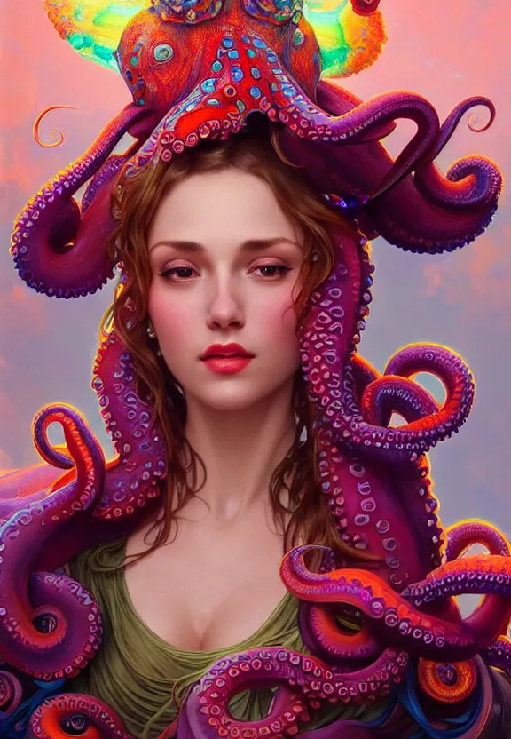 Image similar to close up of a beautiful woman wearing a colourful octopus as a hat, fantasy, intricate, elegant, highly detailed, digital painting, artstation, concept art, smooth, 8 k, sharp focus, illustration, art by artgerm and greg rutkowski and alphonse mucha