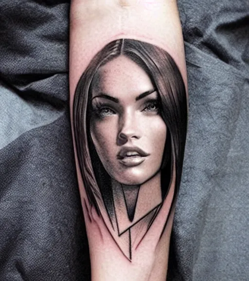 Image similar to double exposure effect tattoo design sketch of megan fox with beautiful mountain scenery, realism tattoo, in the style of matteo pasqualin, amazing detail, sharp