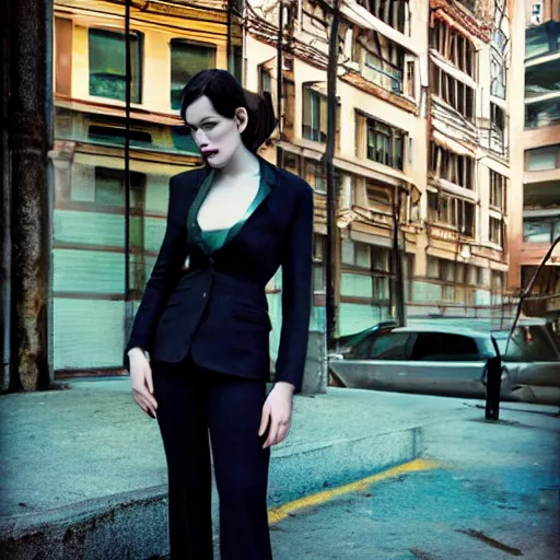 Image similar to stoya realistic expired kodak film full body portrait of an woman in street with suit on, hyperrealism, hypermaxiymalism, photorealistic, detailed, atmospheric, 8 k, award winning photography, cinematic