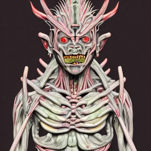 Image similar to japanese demon with deconstructed organs, face, bust, anatomical description, low pastel coloration, complex lights, highly detailed, 8 k