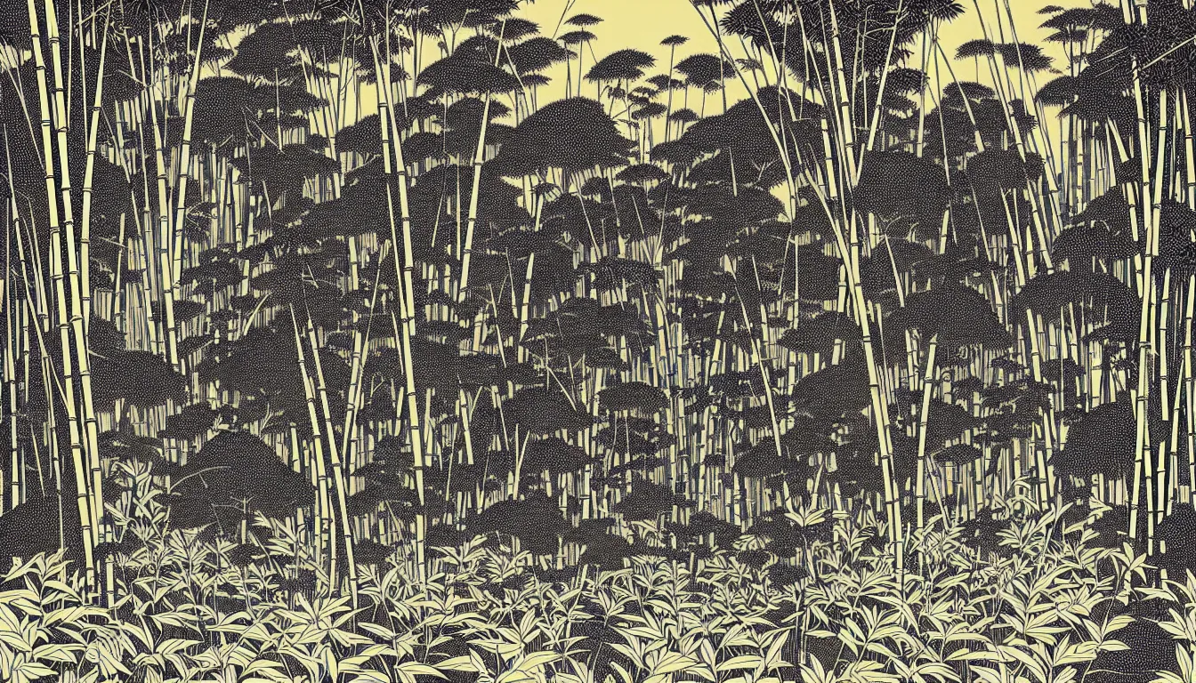 Image similar to bamboo and fern forest by woodblock print, nicolas delort, moebius, victo ngai, josan gonzalez, kilian eng