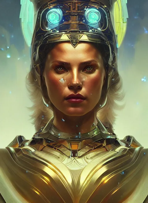 Image similar to the godess hera looking angry, sci - fi armour, tech wear, glowing lights, sci - fi, intricate, elegant, highly detailed, digital painting, artstation, concept art, smooth, sharp focus, illustration, art by artgerm and greg rutkowski and alphonse mucha