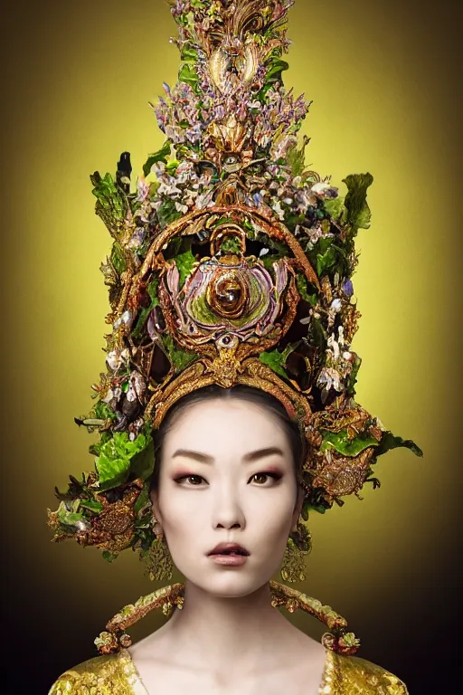 Image similar to a beautiful empress portrait, with a brilliant, impossible striking big salad headpiece, clothes entirely made out of salad, everything salad, symmetrical, dramatic studio lighting, rococo, baroque, greens, asian, hyperrealism, closeup, D&D, fantasy, intricate, elegant, highly detailed, digital painting, artstation, octane render, 8k, concept art, matte, sharp focus, illustration, art by Artgerm and Greg Rutkowski and Alphonse Mucha