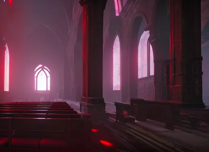 Image similar to ancient church with red shafts of light in destiny 2, foggy, liminal, dark, dystopian, beautiful architecture, abandoned, highly detailed 4 k 6 0 fps in - game destiny 2 gameplay screenshot leak