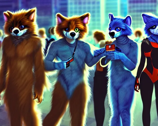 Image similar to high - resolution photograph from a nanopunk era furry fandom convention ( midwest furfest 2 0 4 7 ), taking place after the genetic revolution and singularity. photorealistic.