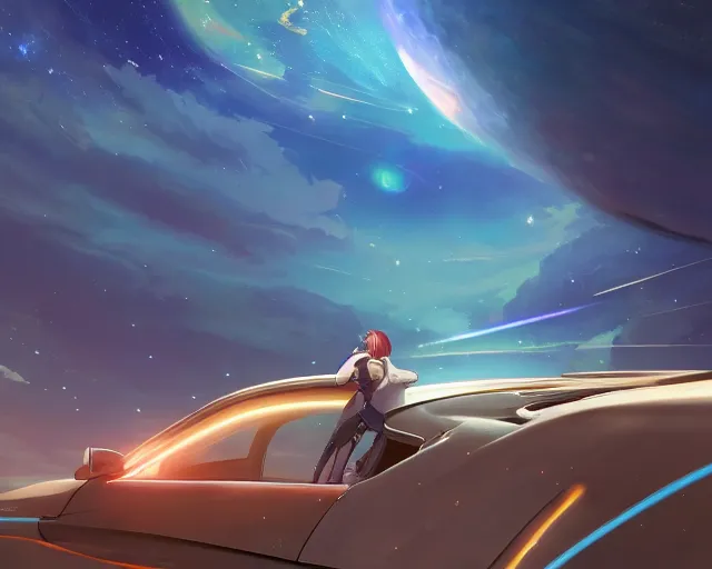 Prompt: one single car in space, cosmic skies. 8 k, octane render, full shot. by makoto shinkai, stanley artgerm lau, wlop, rossdraws, james jean, andrei riabovitchev, marc simonetti, krenz cushart, sakimichan, d & d trending on artstation, digital art.