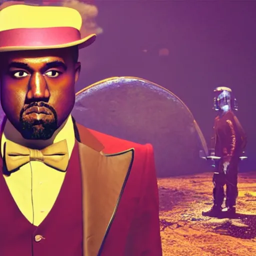 Image similar to Professional photo of Kanye West as willy wonka in fallout new vegas, splash art, movie still, cinematic lighting, dramatic, octane render, long lens, shallow depth of field, bokeh, anamorphic lens flare, 8k, hyper detailed, 35mm film grain