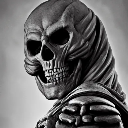 Image similar to skeletor, moody lighting, shallow depth of field,