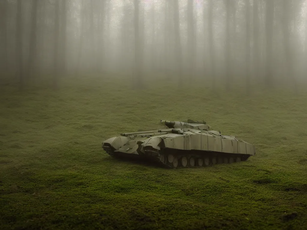 Image similar to damaged tank drives through foggy moss, realistic, tilt shift style, 4 k, ue 5, lense flair, light rays, cinematic light, by michael bay