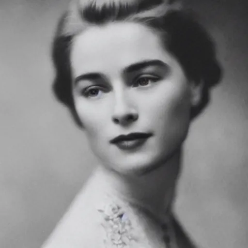 Image similar to edwardian photograph of grace kelly, emilia clarke, 1 9 0 0 s, 1 9 1 0 s, grainy, slightly blurry, very faded photo, realistic face, elegant, graceful