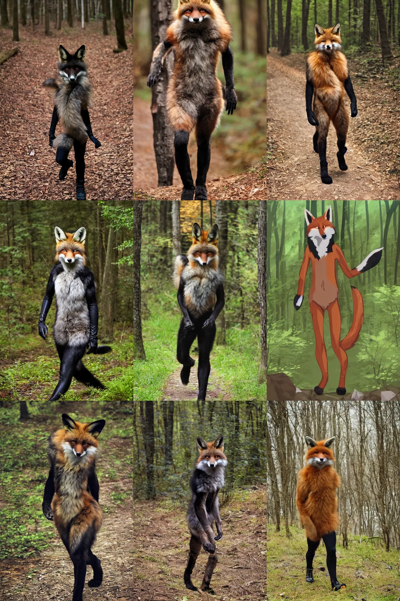 Prompt: anthro furry digitigrade natural - colored fox man with black fox paws, walking upright in a forest