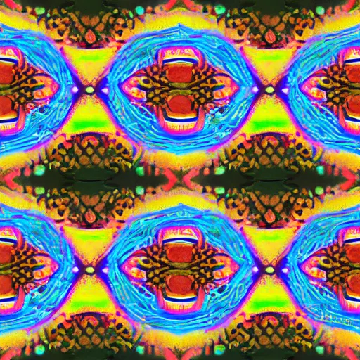 Image similar to colorful 3 d autostereogram illusion puzzle with psychedelic mushrooms dancing among a tie dye desert of peyote | symmetrical seamless tile