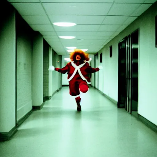 Image similar to A creepy photo of Ronald McDonald chasing you in an empty hallway, disposable film