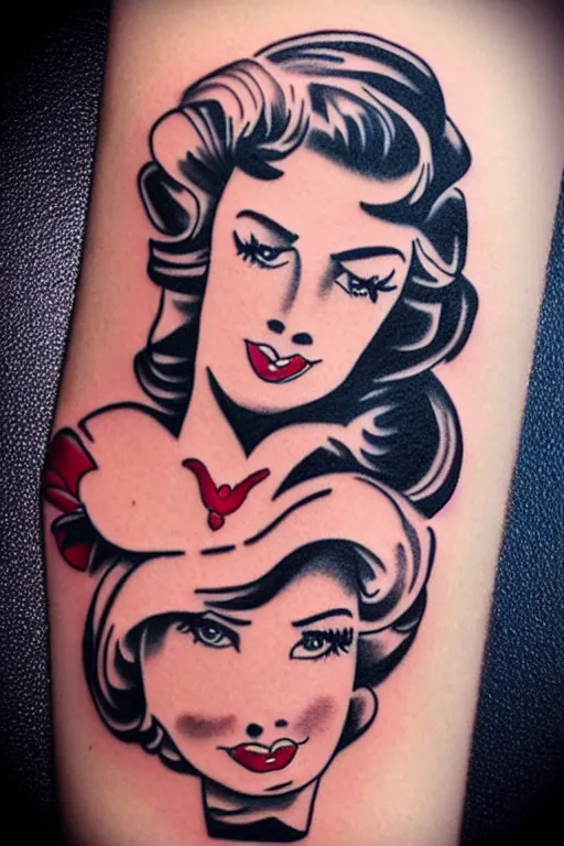 Prompt: pinup girl tattoo by “Pony Wave”