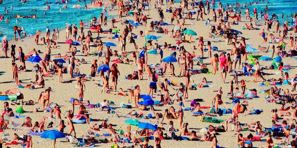 Prompt: Extremely detailed wimmelbilder picture of people at the beach