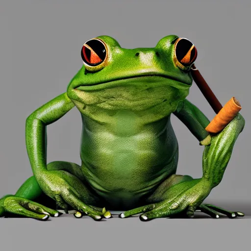 Image similar to a high quality photo of an antropomorphic frog wearing a suit smoking a cigar, 3d scene, render, ultra realistic, artstation, cgsociety