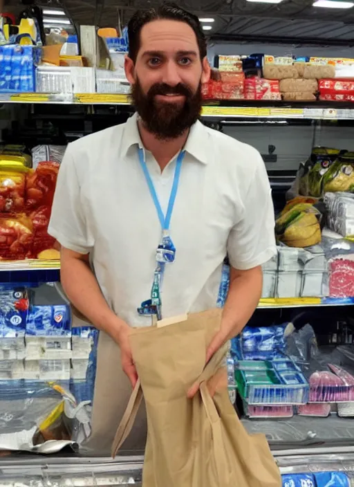 Prompt: jesus looking nervous bagging groceries on a hot day at walmart