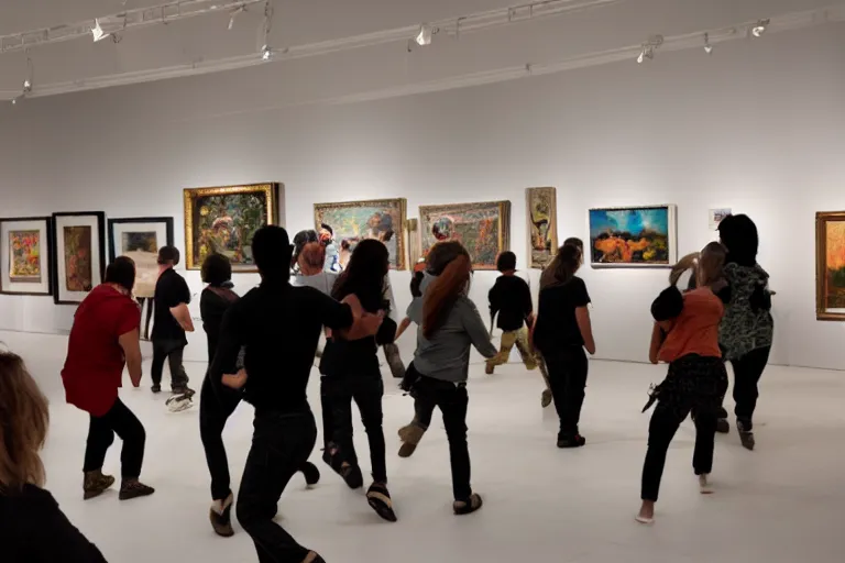 Image similar to a group of people attacking an art gallery show