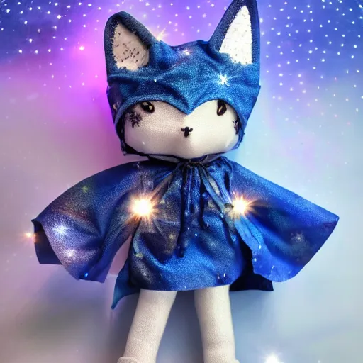 Prompt: a starry blue fox druid doll wearing magic imbued mage robes with led lights stitched on the fabric to resemble stars, cinematic, cotton fabric, button eyes, seams, cinematic, dust particles, god rays, led lights, dungeons and dragons, fantasy art, real life, photograph, national geographic, dynamic camera angle, macro camera shot