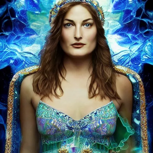 Prompt: a young Mädchen Amick as Goddesses of gems looking at you intensely with seductively serious eyes while wearing a head covering. ultra detailed painting at 16K resolution and epic visuals. epically surreally beautiful image. amazing effect, image looks crazily crisp as far as it's visual fidelity goes, absolutely outstanding. vivid clarity. ultra. iridescent. mind-breaking. mega-beautiful pencil shadowing. beautiful face. Ultra High Definition.