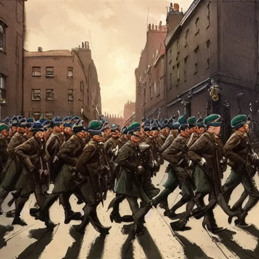 Prompt: Irish soldiers marching down the street in Dublin in 1916, by Marc Simonetti