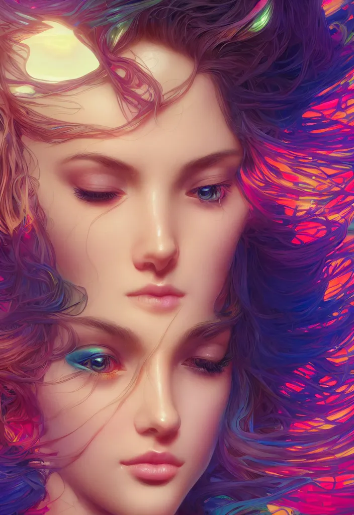 Image similar to beautiful, young woman, detailed gorgeous face, vaporwave aesthetic, synthwave, colorful, psychedelic, artstation, concept art, smooth, extremely sharp detail, finely tuned detail, ultra high definition, 8 k, unreal engine 5, ultra sharp focus, illustration, art by artgerm, greg rutkowski and alphonse mucha
