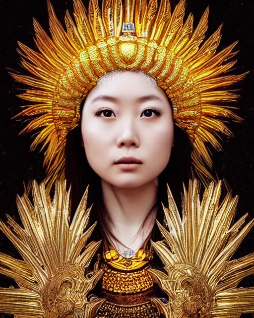 Image similar to hyper realistic portrait photo of beautiful ameterasu the sun goddess of japan, japanese model, portrait shot, intricate detail, glittering sun rays