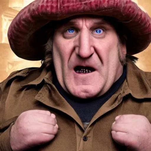 Prompt: Gérard Depardieu dressed as Wario, set photo, highly detailed, cinematic lighting, 4K