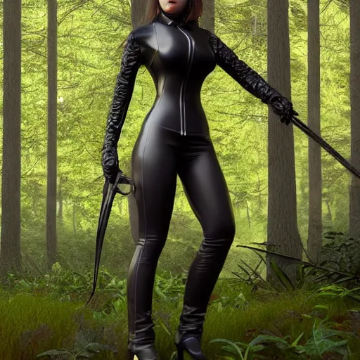 Image similar to 3 d render of a female wearing a skintight leather jacket holding a sword in a forest, large thighs, perfect face, beautiful! coherent!, intricate, elegant, highly detailed, cycles render, octane render, unreal engine, artstation, 8 k