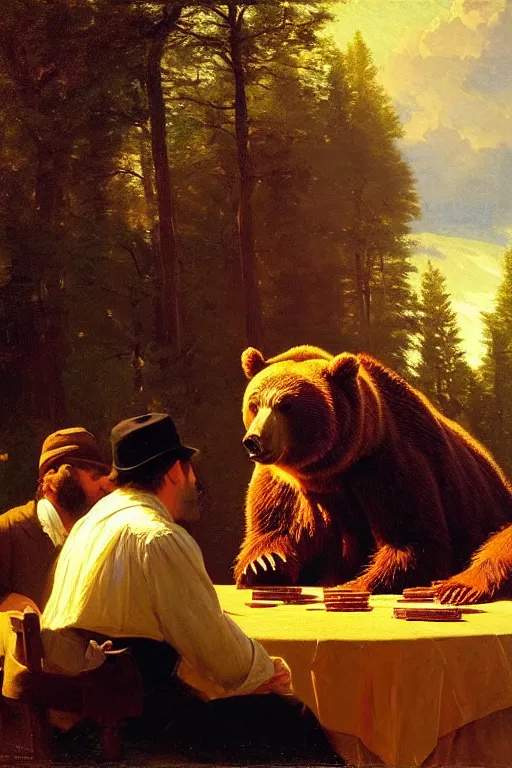 Prompt: portrait of bear gambling in the club by albert bierstadt, wonderful masterpiece by asher brown durand, beautiful cinematic light, by greg manchess, jessica rossier