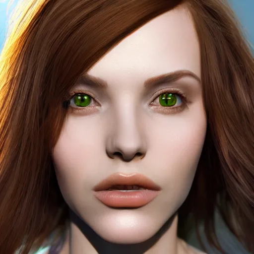 Prompt: photograph of a cute woman with long shiny bronze brown hair and green eyes, 8k, medium shot, by Irakli Nadar, hyperreal, trending on artstation