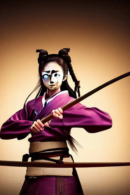 Image similar to highly detailed beautiful photo of a young female samurai, practising sword stances in a temple, symmetrical face, beautiful eyes, realistic anime art style, 8 k, award winning photo, pastels, action photography, 1 / 1 2 5 shutter speed, dramatic lighting