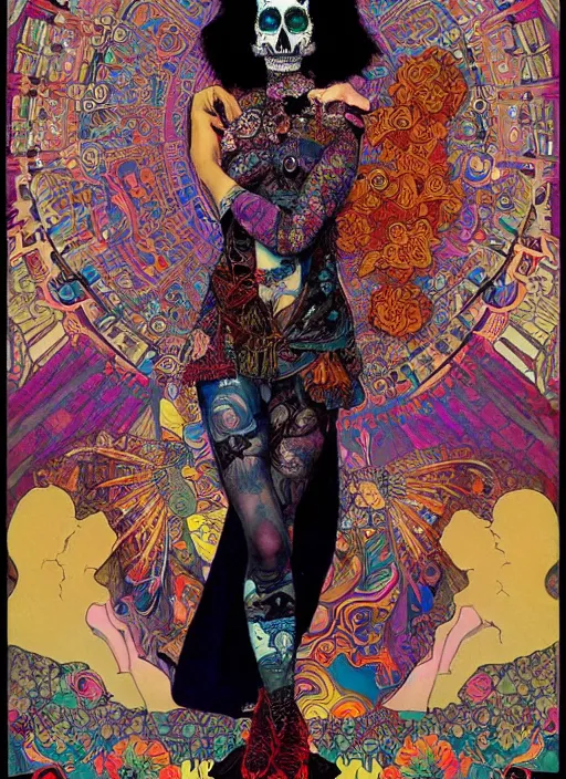 Image similar to psychedelic poster art of a cute punk goth fashion fractal Día de los Muertos tattooed girl posing in goth outfit by Victor Moscoso Rick Griffin Alphonse Mucha Gustav Klimt Ayami Kojima Amano Charlie Bowater, masterpiece