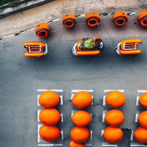 Image similar to Orange fruit with wheels, riding in a italian coastal town highway. Drone cinematic view award winning photography, 8k