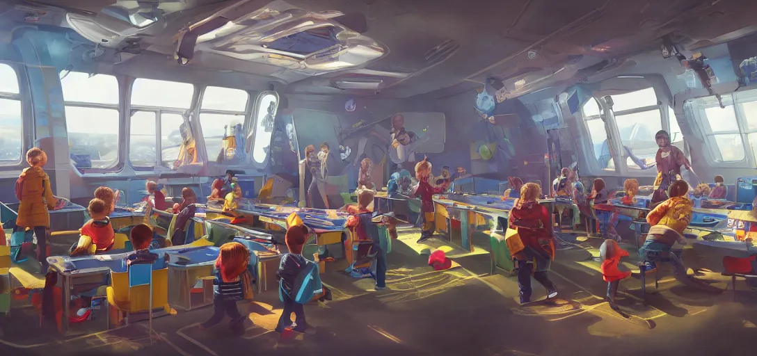 Image similar to kindergarten in a spacestation, big windows, happy children, intense sci-fi details, realism, stunning photo-quality, bright and happy, movie-quality, futuristic, technology, cinematic atmosphere, muted colours, guardians of the galaxy-style 4k, arnold render, trending on artstation, cgsociety,