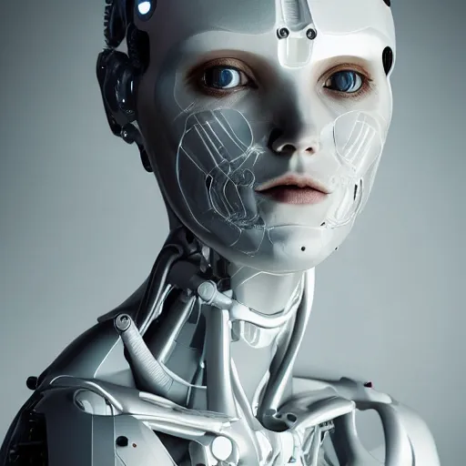 Image similar to beautiful centered fine art photo portrait of elegant beautiful girl as a solarpunk robotic humanoid, white mechanical parts with led lights, bouguereau style pose, photorealistic, white background, highly detailed and intricate, soft box lighting, hdr 8 k