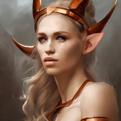 Image similar to A detailed oil portrait of a blonde elf woman with small horns of copper and copper scales covering her arm and neck wearing a simple white robe, by greg rutkowski, trending on artstation, dungeon and dragons art