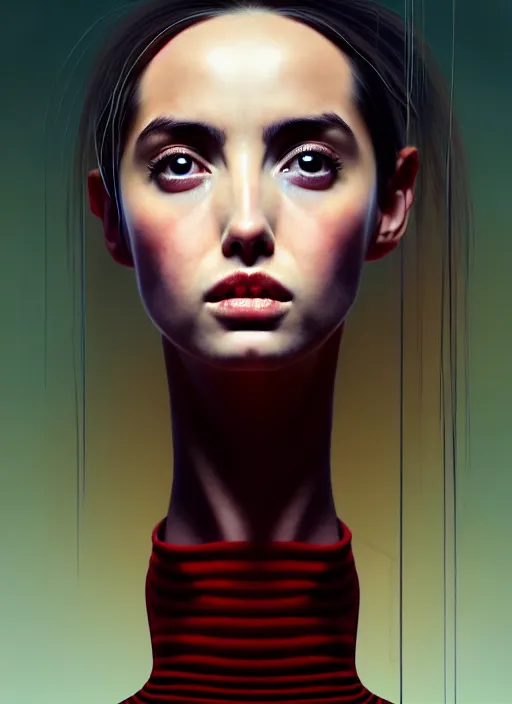 Prompt: hyper realistic zoomed out portrait of ana de armas wearing clothes from the fifth element, rachael rosen from blade runner, by hsiao ron cheng, ngai victo, nivanh chanthara jean delville wlop and dougherty patrick, trending on artstation, soft light