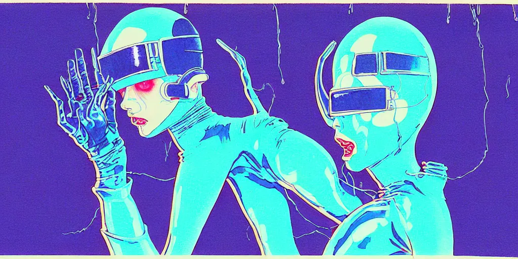 Prompt: a close - up grainy risograph painting of cyberpunk japanese model man albino wearing latex catsuit and lots of transparent and cellophane accessories, blue hour, twilight, by moebius and jack gaughan and lehr paul