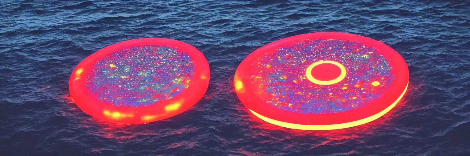 Prompt: a giant glowing frisbee floating in the ocean, galaxy, hyper realistic, epic lighting, cyberpunk, wide angle lens