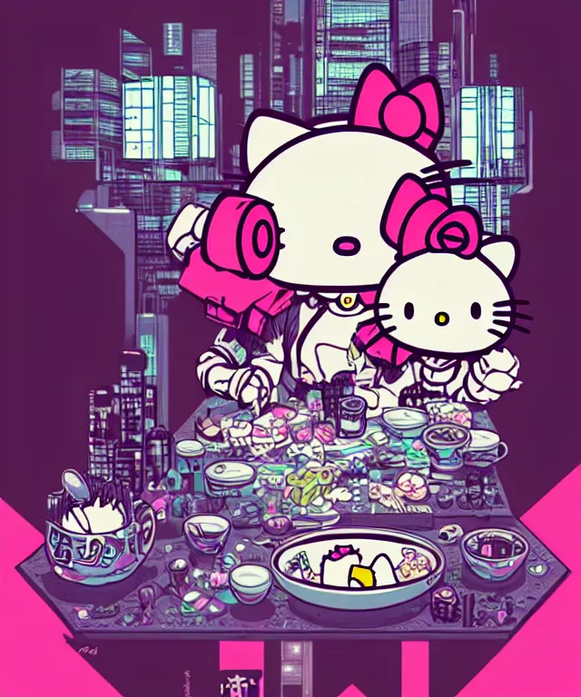 Image similar to a portrait of an anthropomorphic cyberpunk hello kitty eating sushi, cyberpunk!, fantasy, elegant, digital painting, artstation, concept art, matte, sharp focus, illustration, art by josan gonzalez