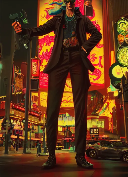 Prompt: 35mm kodak portra portrait of a shadowrun vampire on the Las Vegas strip at night by tomer hanuka and tom bagshaw, handsome face, hyper realism, high detail, octane render, 8k, trending on artstation, CGsociety, concept art