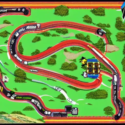 Prompt: top down view of Nintendo Mario kart custom racing racetrack map. Punk rock hiking trail themed custom dirt path trail map. Post punk underground nightclub rave course. HD track details.