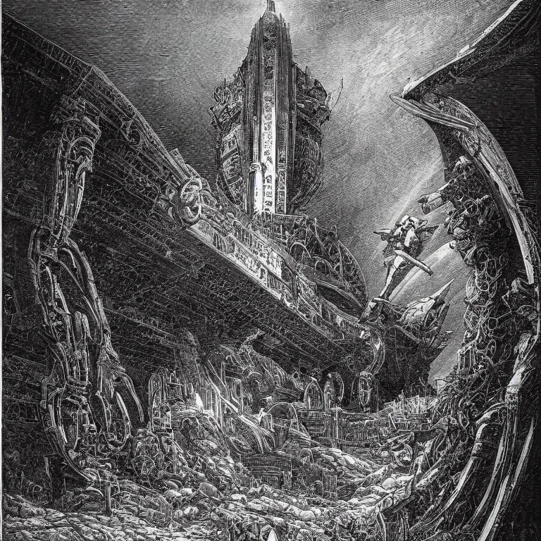 Prompt: spaceship in the style of gustave dore and piranesi