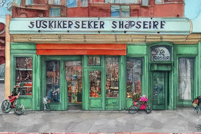 Prompt: watercolor artwork of sneaker store in russia : : green, art nouveau, trending on artstation