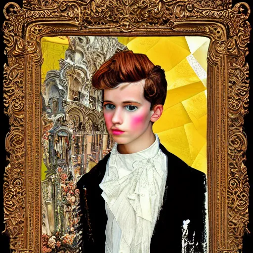 Image similar to hyperdetailed maximalist elaborate half - lenght portrait of a futuristic a beautiful young teen boy, wearing long clothing. rococo architecture, in the style of modigliani and mixed media collage. matte background hd 8 x