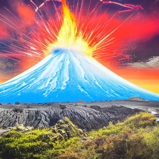 Image similar to Beautiful landscape with volcanos with blue lava and flying monsters
