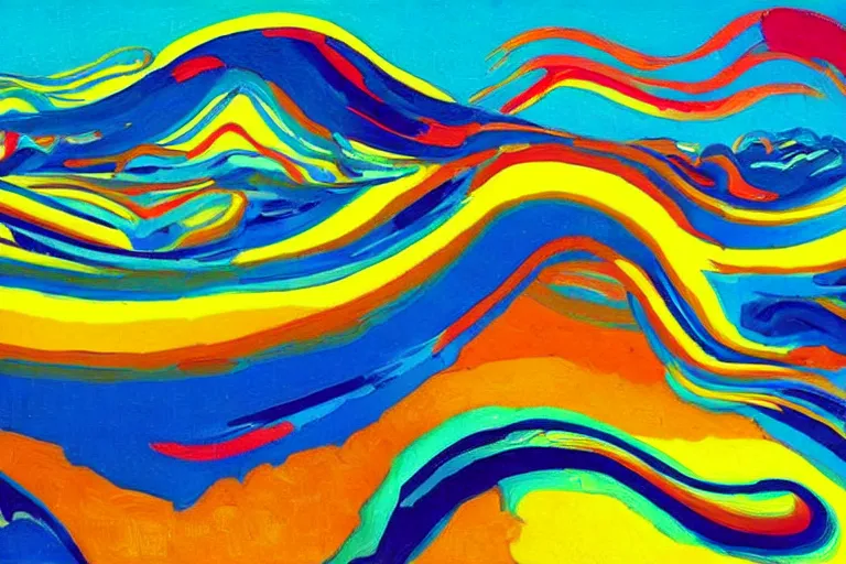 Image similar to Psychedelic sci-fi dreamworld. Landscape painting. Organic. Winding rushing water. Waves. Clouds. Wayne Thiebaud. Peter Max.